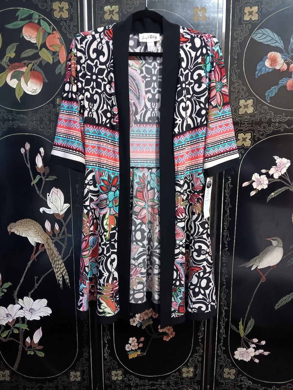 Joseph Ribkoff Black Floral Pattern Open-Front Kimono Jacket - Multicolor